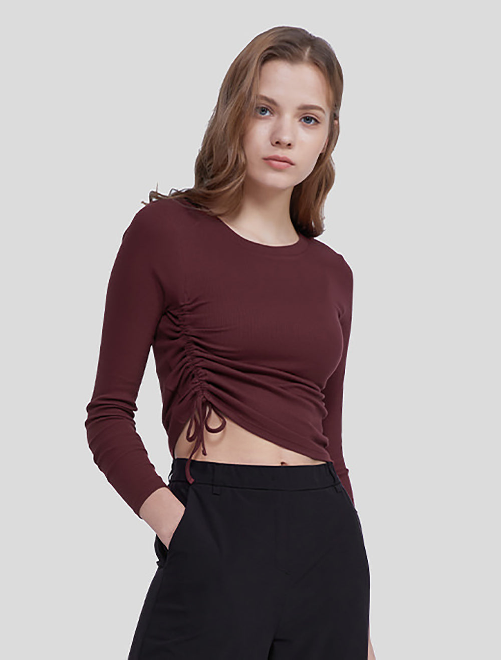 Modal Shirring Crop Long Sleeve 柔軟腰側索帶顯瘦運動上衣 - THE B.